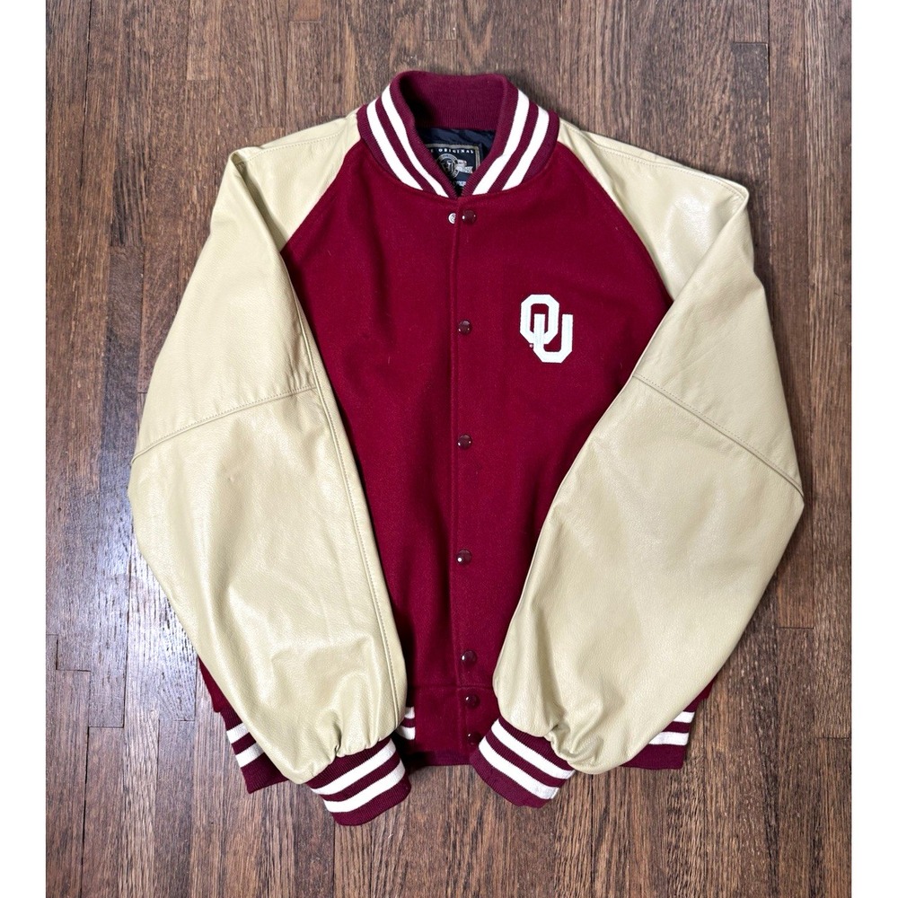 Vintage Holloway Oklahoma Sooners OU Varsity Jacket Snap Front Red/Beige Size XL